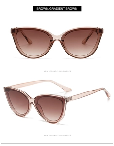 Detail view of cat eye sunglasses featuring brown gradient lenses and transparent PC frames