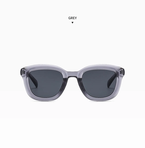 Detail view of round grey translucent sunglasses frame with dark lenses