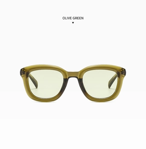 Detailed side view of translucent olive green thick frames on rectangle sunglasses