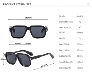 Detailed size specifications of oversized square sunglasses with precise measurements