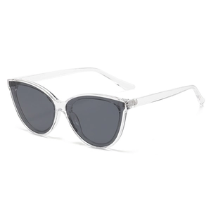 Side view of cat-eye sunglasses with transparent frame and dark gray lenses