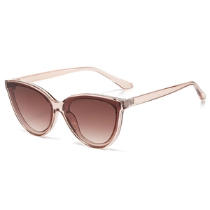 Detail view of retro cat eye sunglasses with transparent pink frame and gradient lenses