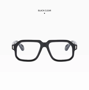Detail of black rectangle frames with silver rectangular accents and clear lenses