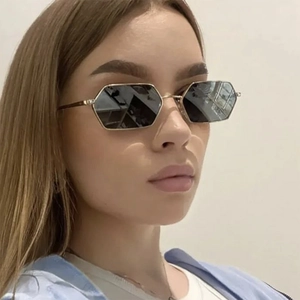 Classic small polygon sunglasses with gold metal frame and dark lenses for men and women