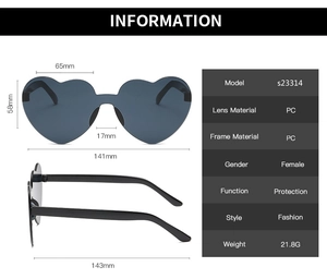 Detailed size specifications and dimensions for rimless heart-shaped fashion sunglasses