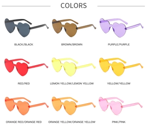 Grid display of rimless heart-shaped sunglasses in nine vibrant candy colors