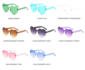 Detail view showing eight vibrant candy colors of rimless heart-shaped fashion sunglasses