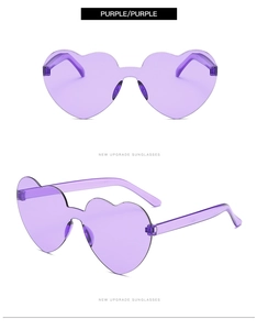 Detailed view of purple rimless heart-shaped sunglasses with one-piece lens design