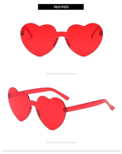 Detail view showing red rimless heart-shaped sunglasses with a new upgrade fashion design