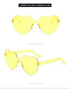 Detail view of heart-shaped rimless sunglasses in vibrant lemon yellow resin material