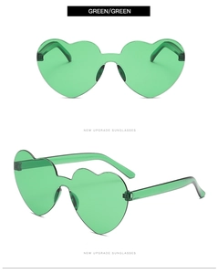 Detail view of green rimless heart-shaped sunglasses with a new upgrade design