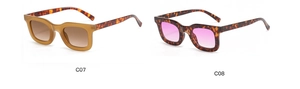 Détails de lunettes de soleil en écaille avec verres ambrés et dégradés violets