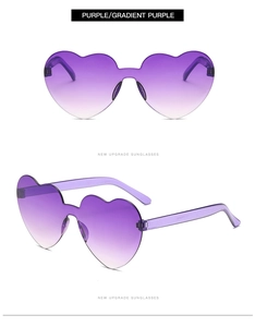 Detail view of purple gradient heart-shaped rimless sunglasses with transparent temples
