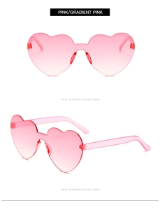 Detail view of pink gradient rimless heart sunglasses with high quality finish
