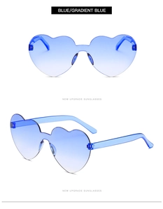 Detail of blue gradient rimless heart-shaped sunglasses with one-piece lens design