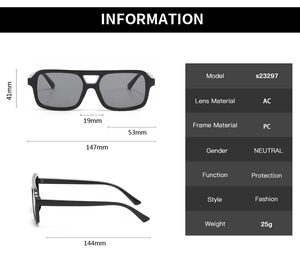Detailed size specifications for square black sunglasses with AC lenses and PC frame