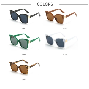 Detailed grid showing square cat-eye sunglasses in black, brown, green, white, and tortoiseshell
