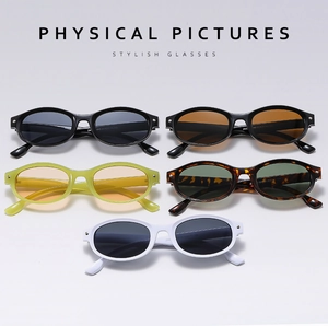Detailed view of five color variants of retro oval sunglasses with frame specifications