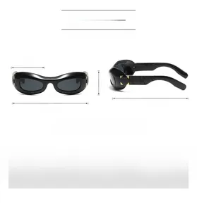 Detail view of Y2K futuristic black square sunglasses featuring quilted texture temples