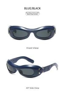 Macro detail of navy chunky frame sunglasses with cannage texture and golden hinge details