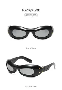 Detail of chunky black Y2K sunglasses featuring quilted temples and gold metal accents