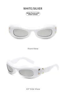 Detail view of Y2K white punk sunglasses with silver mirrored lenses and quilted temple