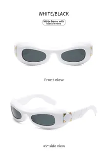 Detailed front and 45-degree side views of white Y2K sunglasses with gold metal accents