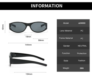 Diagramme technique détaillé montrant les dimensions et spécifications des lunettes de soleil