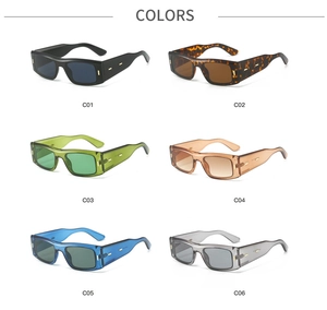 Vue détaillée de lunettes de soleil carrées montrant six variantes de couleurs en grille