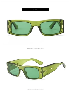 Détails de lunettes de soleil rectangulaires vert foncé avec accents métalliques dorés