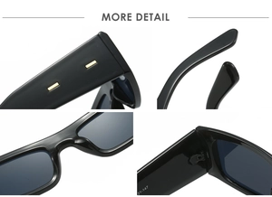 Gros plan de lunettes de soleil rectangulaires noires avec détails de charnière dorés