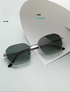 Detailed macro view of silver polygon metal frame sunglasses with green gradient lenses