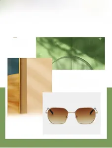Detail of geometric hexagonal sunglasses with brown gradient lenses and gold metal frames