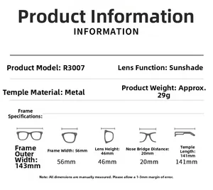 Detailed size specifications and weight chart for the R3007 polygon metal sunglasses