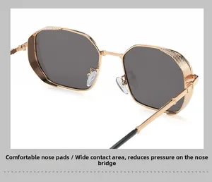 Detail of vintage metal sunglasses with comfortable nose pads and side shield accents