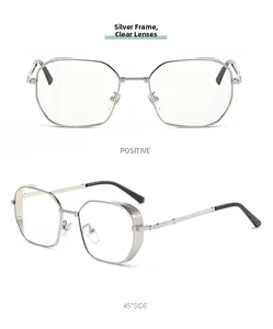 Detail view of silver polygonal metal frame sunglasses with side mesh shield texture