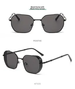 Detail view of black polygon metal sunglasses with side mesh shields and bamboo temples