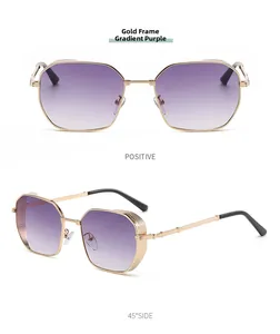 Detailed views of gold polygon sunglasses with purple gradient lenses and textured frames