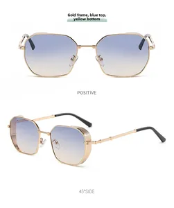 Front and 45-degree side view of polygon metal sunglasses with blue-yellow gradient lenses