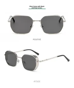 Front and side view of octagonal silver metal sunglasses with dark gray lenses