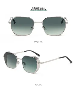 Detailed front and 45-degree side views of silver polygon metal sunglasses with gradient green lenses