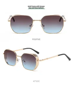 Detail view of gold hexagonal metal sunglasses with blue and brown gradient lenses