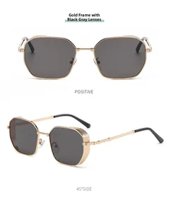 Front and 45-degree views of gold metal polygon sunglasses with black lenses and mesh detail