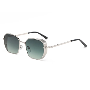 Retro polygon metal sunglasses with silver frame and green gradient lenses in main view