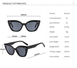 Detail view of PC cat-eye sunglasses with metal rivets and AC lenses in black frame