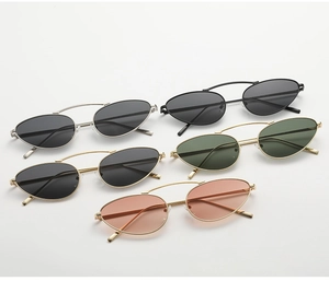 Top view showing five colorful oval metal punk sunglasses with double bridge frames