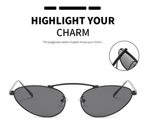 Detail view of oval punk metal sunglasses with sturdy hinge design and dark grey lenses