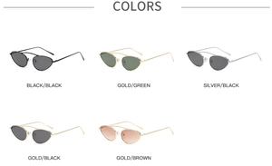 Overview of five oval punk sunglasses in black, gold, green, and brown metal frames