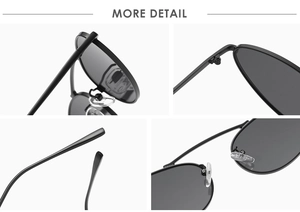 Detail view of oval punk sunglasses with metal hinges, nose pads, and sleek black temples