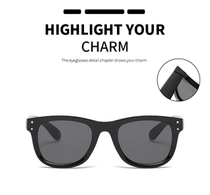 Detailansicht der Metallscharniere und Silbernieten an der schwarzen quadratischen Sonnenbrille